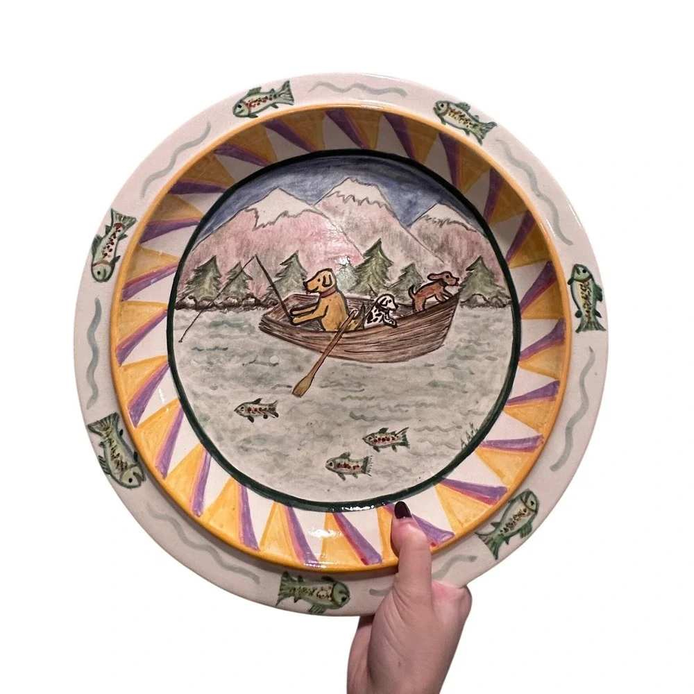 Hand Painted Fishing Dogs Decorative Ceramic Platter Trout Cabin Western‎ Plate